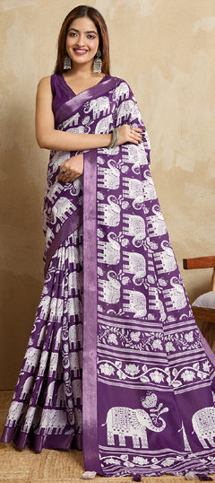 Purple and Violet color Saree in Blended fabric with Digital Print, Zari work