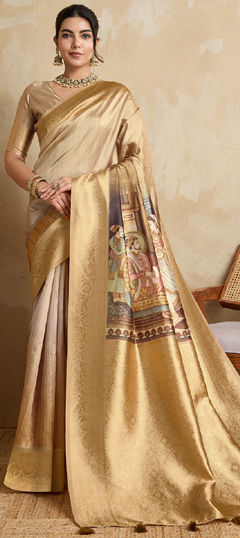 Gold color Saree in Blended, Silk fabric with Digital Print, Weaving work