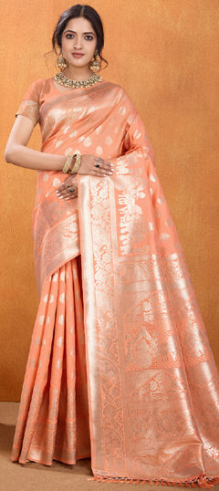 Pink and Majenta color Saree in Linen fabric with Weaving, Zari work