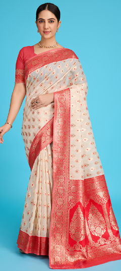 Beige and Brown color Saree in Linen fabric with Weaving, Zari work