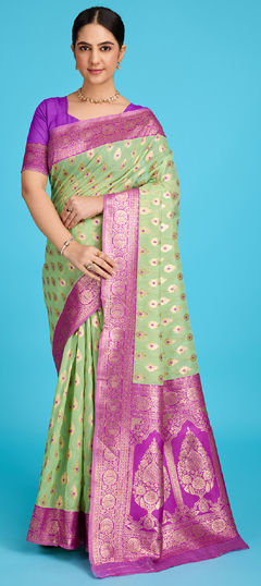 Green color Saree in Linen fabric with Weaving, Zari work