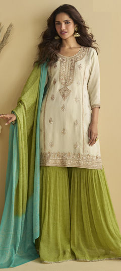 White and Off White color Salwar Kameez in Chinon Silk fabric with Embroidered, Floral, Printed, Thread, Zari work