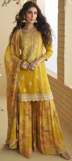 Yellow color Salwar Kameez in Chinon Silk fabric with Embroidered, Floral, Printed, Thread, Zari work