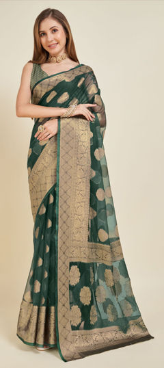 Green color Saree in Organza Silk fabric with Weaving work