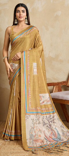 Gold color Saree in Jacquard fabric with Weaving work