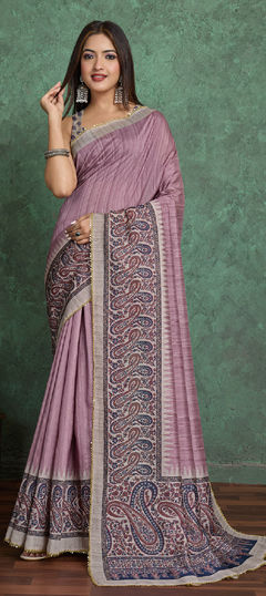 Gold, Pink and Majenta color Saree in Blended fabric with Floral, Printed work