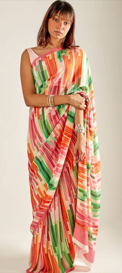 Green, Orange color Saree in Chiffon fabric with Printed work