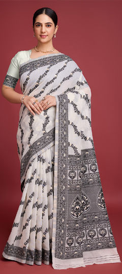 Black and Grey color Saree in Cotton fabric with Printed work