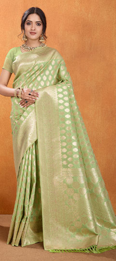 Green color Saree in Banarasi Silk fabric with Weaving, Zari work