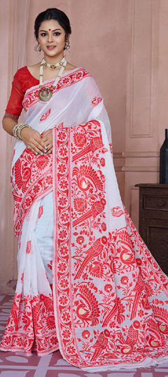 Red and Maroon, White and Off White color Saree in Banarasi Silk fabric with Weaving, Zari work