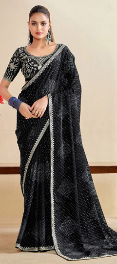 Black and Grey color Saree in Chiffon fabric with Bandhej, Embroidered, Printed work