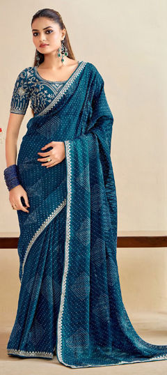 Blue color Saree in Chiffon fabric with Bandhej, Embroidered, Printed work