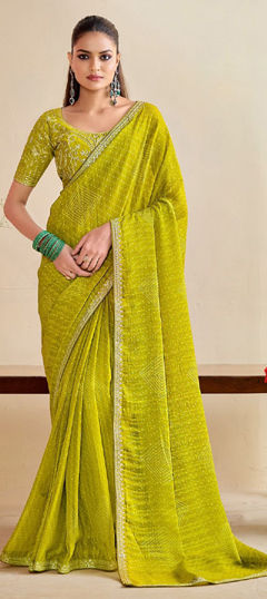 Green color Saree in Chiffon fabric with Bandhej, Embroidered, Printed work