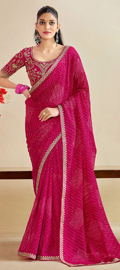 Pink and Majenta color Saree in Chiffon fabric with Bandhej, Embroidered, Printed work