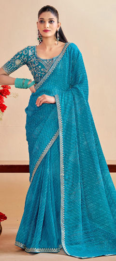 Blue color Saree in Chiffon fabric with Bandhej, Embroidered, Printed work
