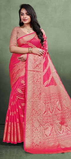 Pink and Majenta color Saree in Organza Silk fabric with Weaving, Zari work