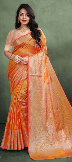 Gold color Saree in Organza Silk fabric with Weaving, Zari work