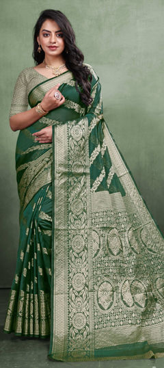 Green color Saree in Organza Silk fabric with Weaving, Zari work