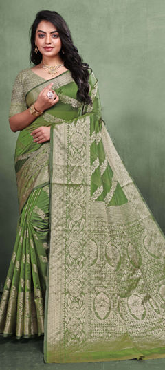 Green color Saree in Organza Silk fabric with Weaving, Zari work