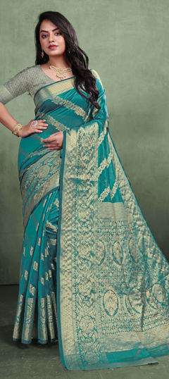 Blue color Saree in Organza Silk fabric with Weaving, Zari work