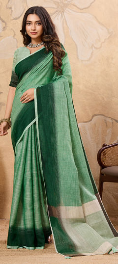 Green color Saree in Linen fabric with Lace work