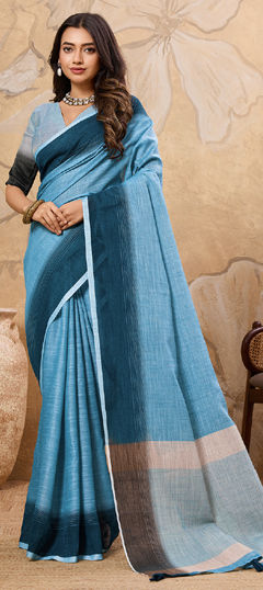 Blue color Saree in Linen fabric with Lace work