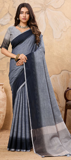 Black and Grey color Saree in Linen fabric with Lace work