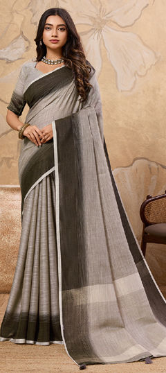Black and Grey color Saree in Linen fabric with Lace work