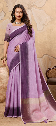 Purple and Violet color Saree in Linen fabric with Lace work
