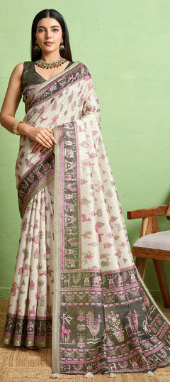 White and Off White color Saree in Jacquard fabric with Weaving, Zari work