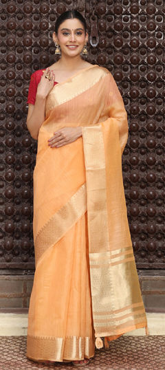 Orange color Saree in Cotton fabric with Weaving work