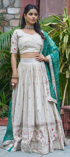 White and Off White color Ready to Wear Lehenga in Tissue fabric with Embroidered, Sequence, Thread work
