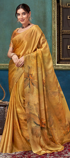Yellow color Saree in Silk fabric with Floral, Printed work
