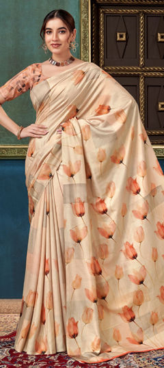 Beige and Brown color Saree in Silk fabric with Floral, Printed work