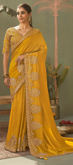 Yellow color Saree in Silk fabric with Embroidered, Gota Patti work