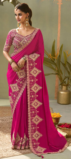 Pink and Majenta color Saree in Silk fabric with Embroidered, Gota Patti work
