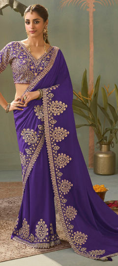 Purple and Violet color Saree in Silk fabric with Embroidered, Gota Patti work