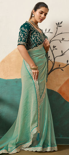 Green color Saree in Shimmer fabric with Sequence work