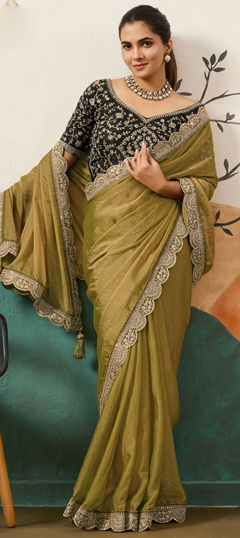 Green color Saree in Shimmer fabric with Sequence work
