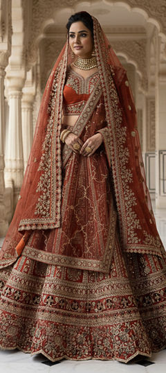 Orange color Lehenga in Silk fabric with Embroidered, Sequence, Stone, Thread, Zari work