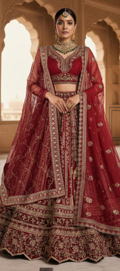 Red and Maroon color Lehenga in Silk fabric with Embroidered, Sequence, Stone, Thread, Zari work