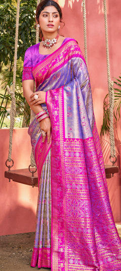 Purple and Violet color Saree in Kanjeevaram Silk fabric with Weaving work