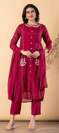 Red and Maroon color Salwar Kameez in Mul Chanderi fabric with Embroidered, Resham, Thread work