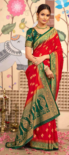 Red and Maroon color Saree in Silk fabric with Weaving work