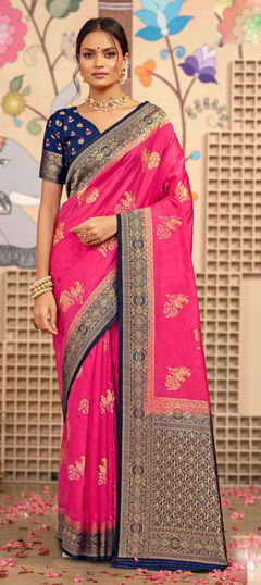 Pink and Majenta color Saree in Silk fabric with Weaving work