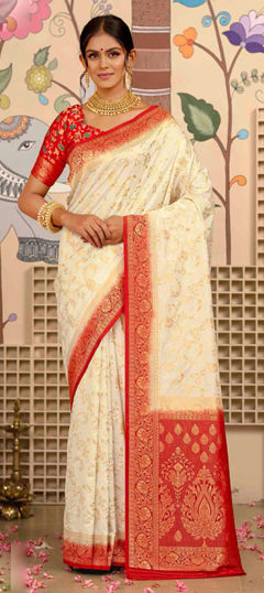 White and Off White color Saree in Silk fabric with Weaving work