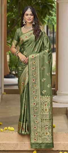 Green color Saree in Silk fabric with Weaving work