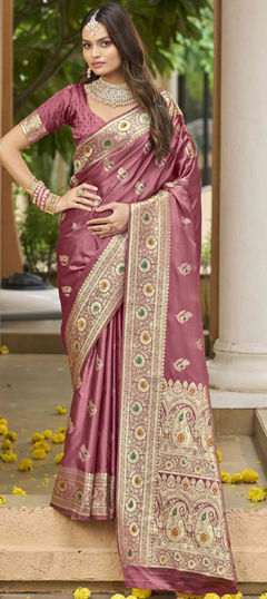 Pink and Majenta color Saree in Silk fabric with Weaving work
