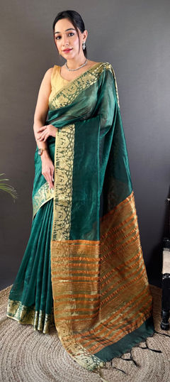 Green color Saree in Organza Silk fabric with Embroidered, Weaving, Zari work