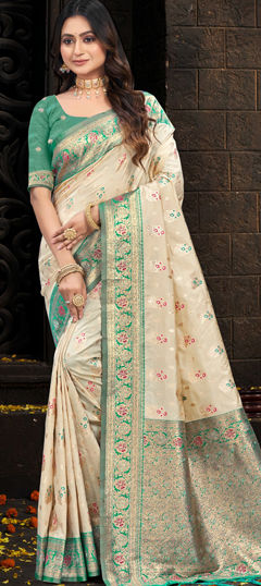 White and Off White color Saree in Silk fabric with Weaving work